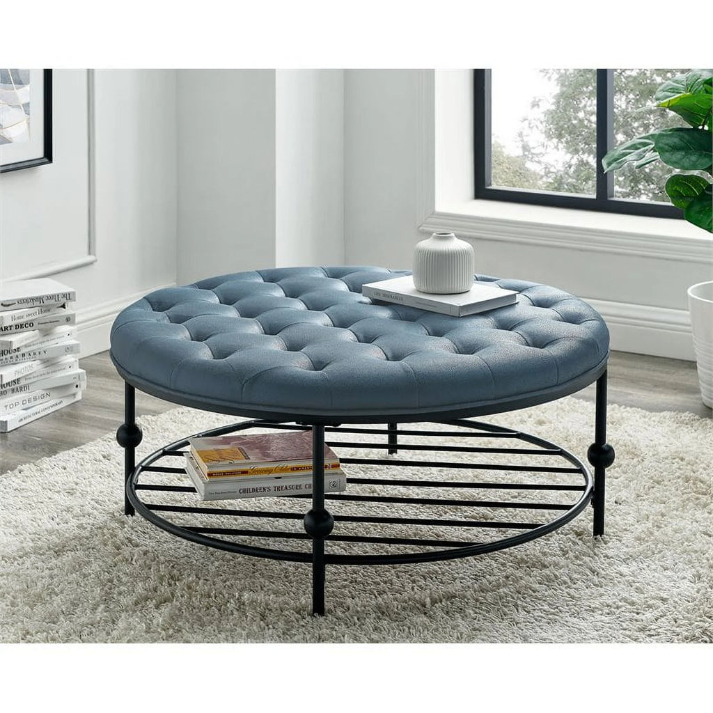 36" Round Faux Leather Tufted Cocktail Ottoman in Blue J6735