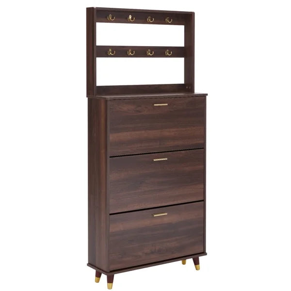 Brown Hall Tree with 12 Hooks & 3 Shoe Cabinets B6919