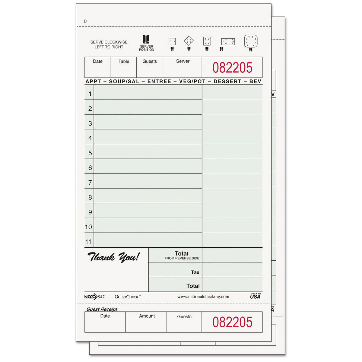 Carbonless Two-Part Guest Check, Green/White P567