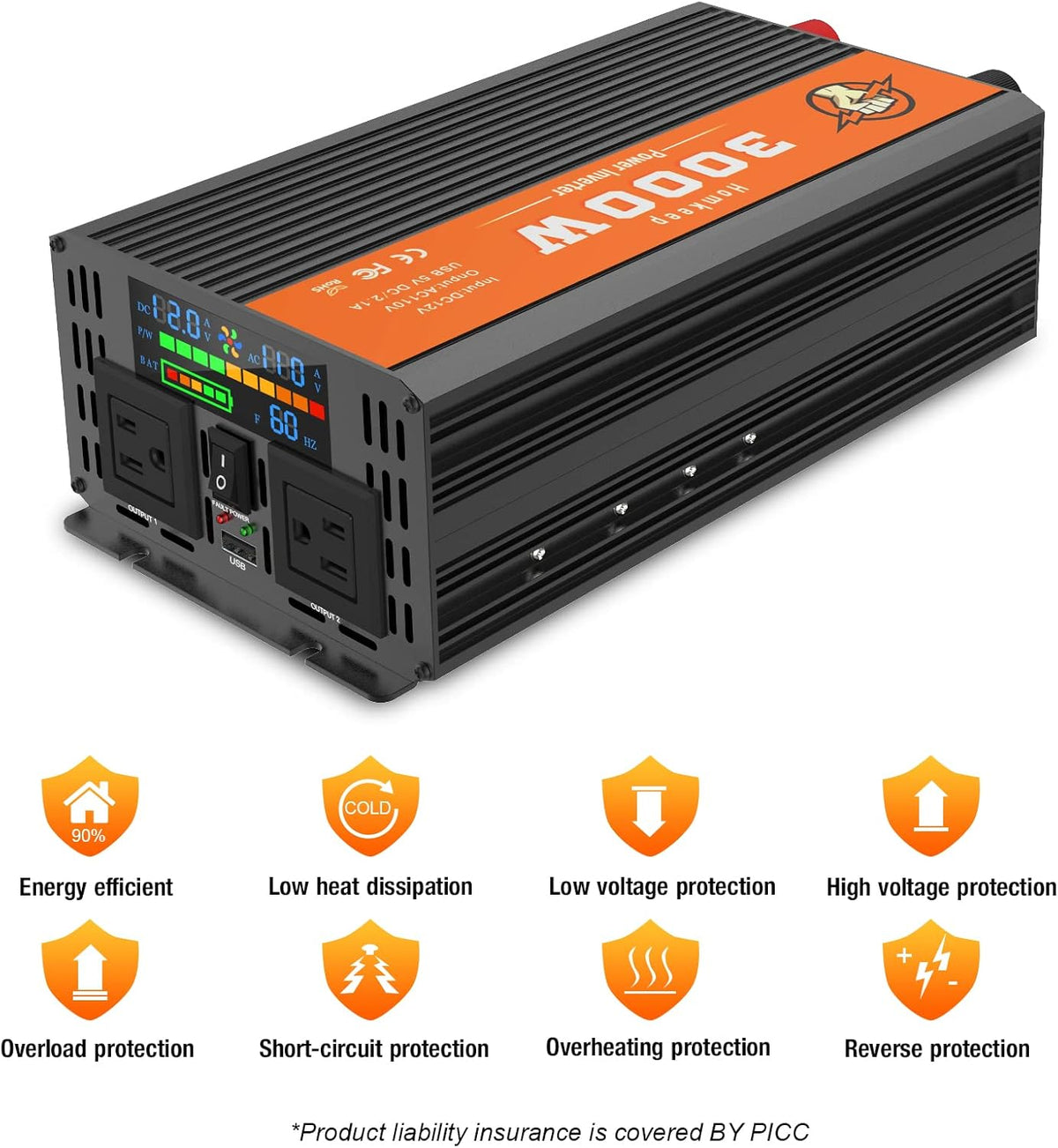 2000 Watts 12V to 110V Modified Sine Wave Power Inverter with Dual AC Outlets and USB Port W669961
