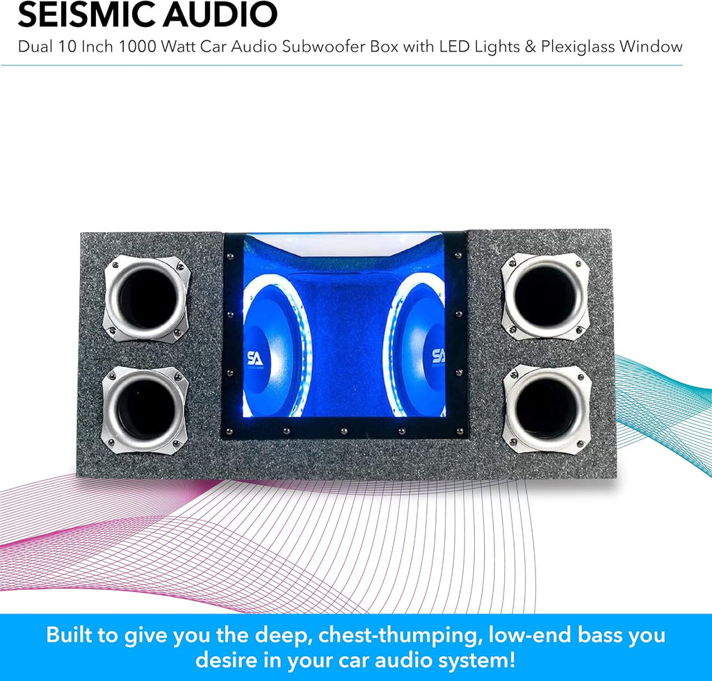 Dual 10 Inch 1000 Watt Car Audio Subwoofer Box with LED Lights & Plexiglass Window Q201