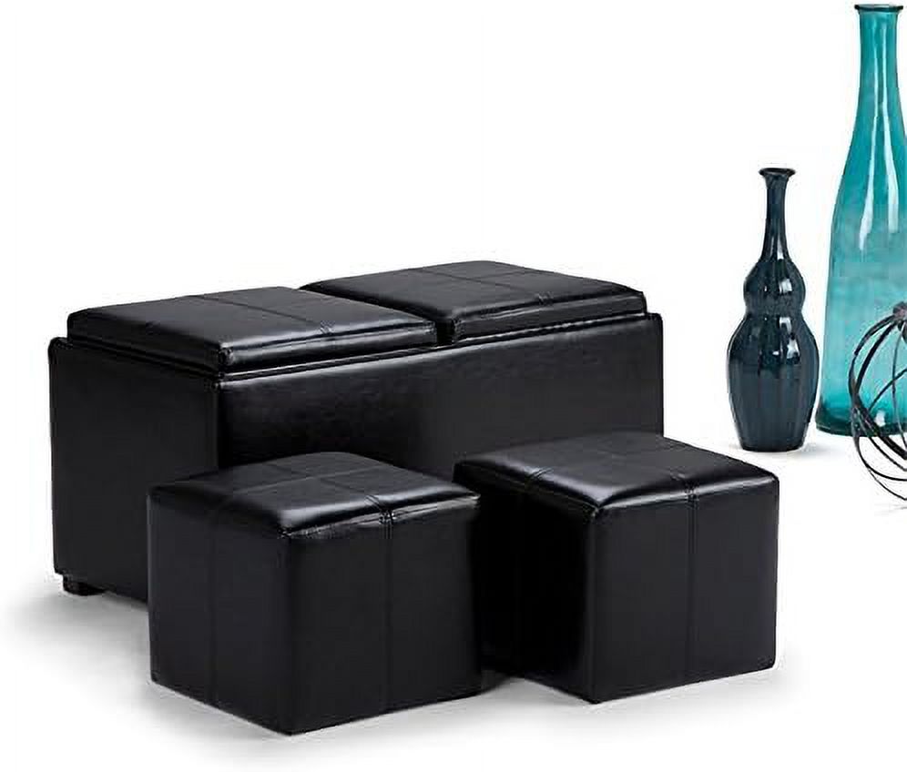 Black Faux Leather 5 Piece Ottoman Coffee Table with 2 Serving Trays Y819983