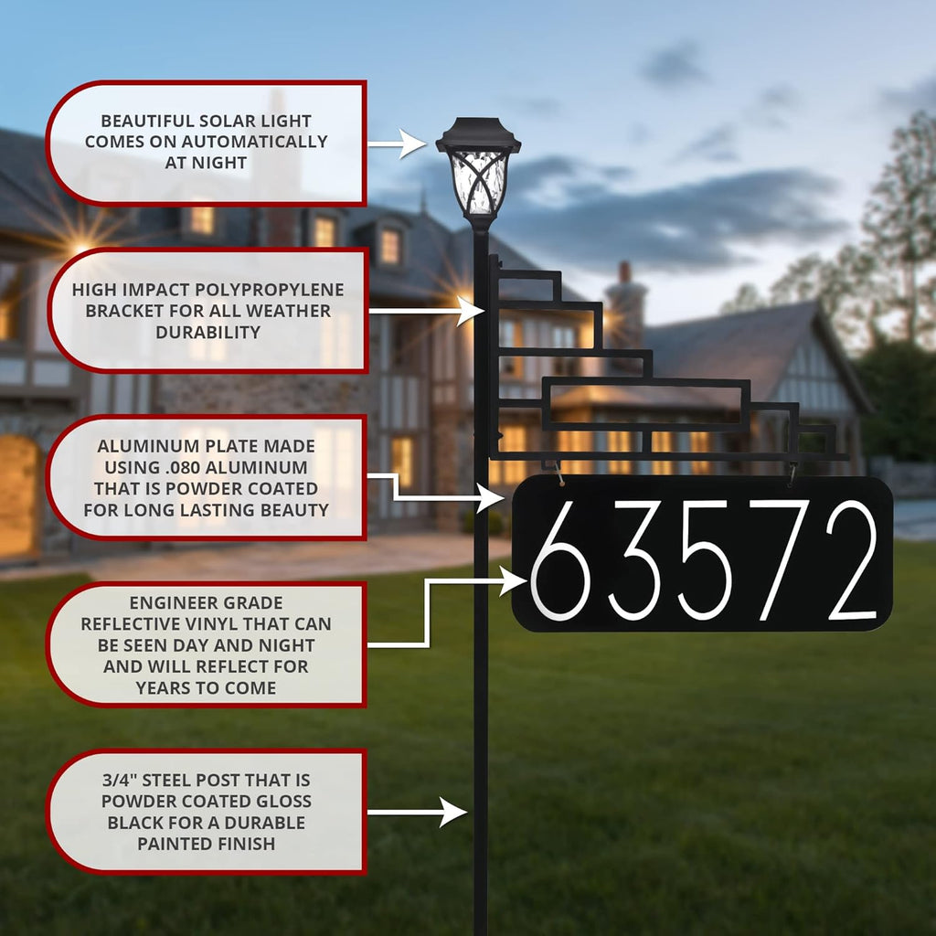 Extra Large Reflective Yard Address Sign with Solar Light - 6 Numbers - 47 Pole U19724