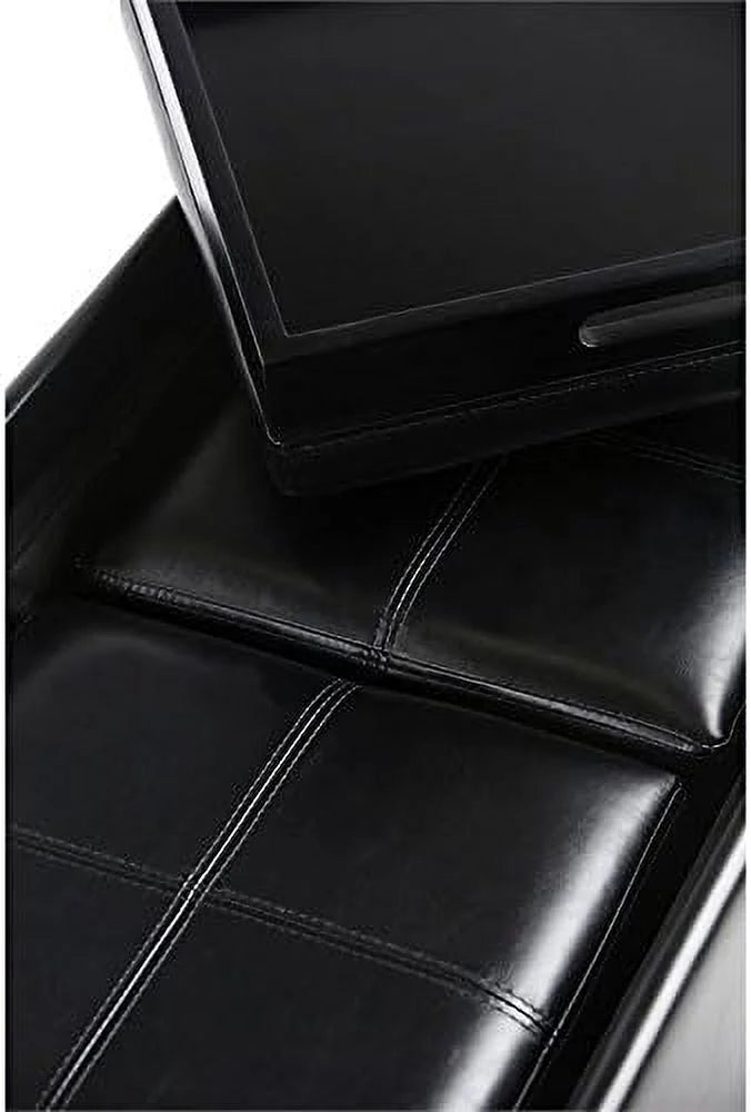 Black Faux Leather 5 Piece Ottoman Coffee Table with 2 Serving Trays Y819983
