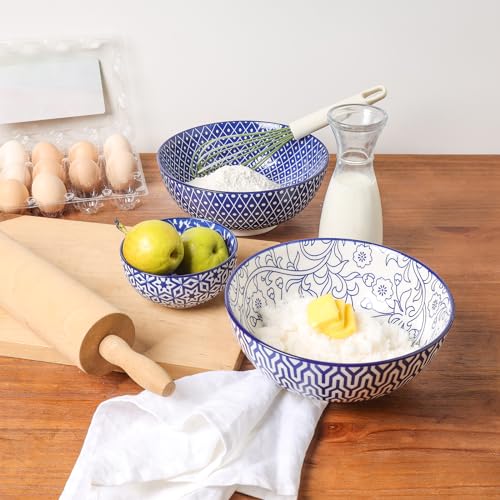 53 OZ Ceramic Salad Bowls Set of 3, Vintage Blue J1160