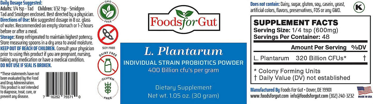 Lactobacillus Plantarum Probiotic Powder 400 Billion cfu's 30 Gram F5386