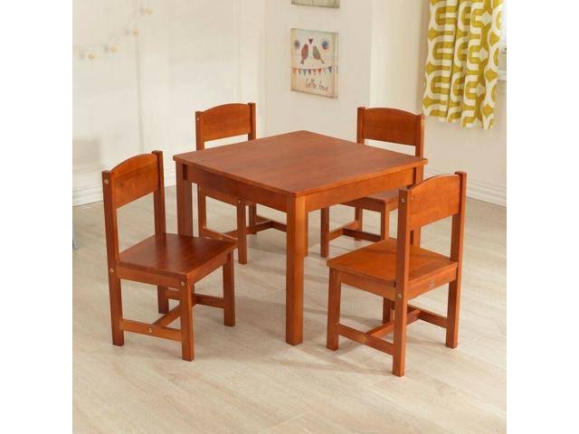 Kids Wooden Farmhouse Table and 4 Chairs Set Pecan Y7202