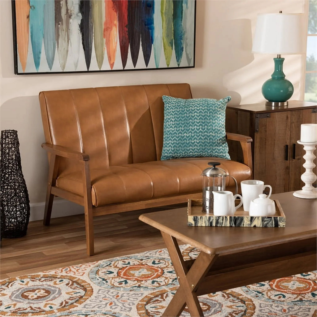 Leather Upholstered Brown Wood Loveseat E909953