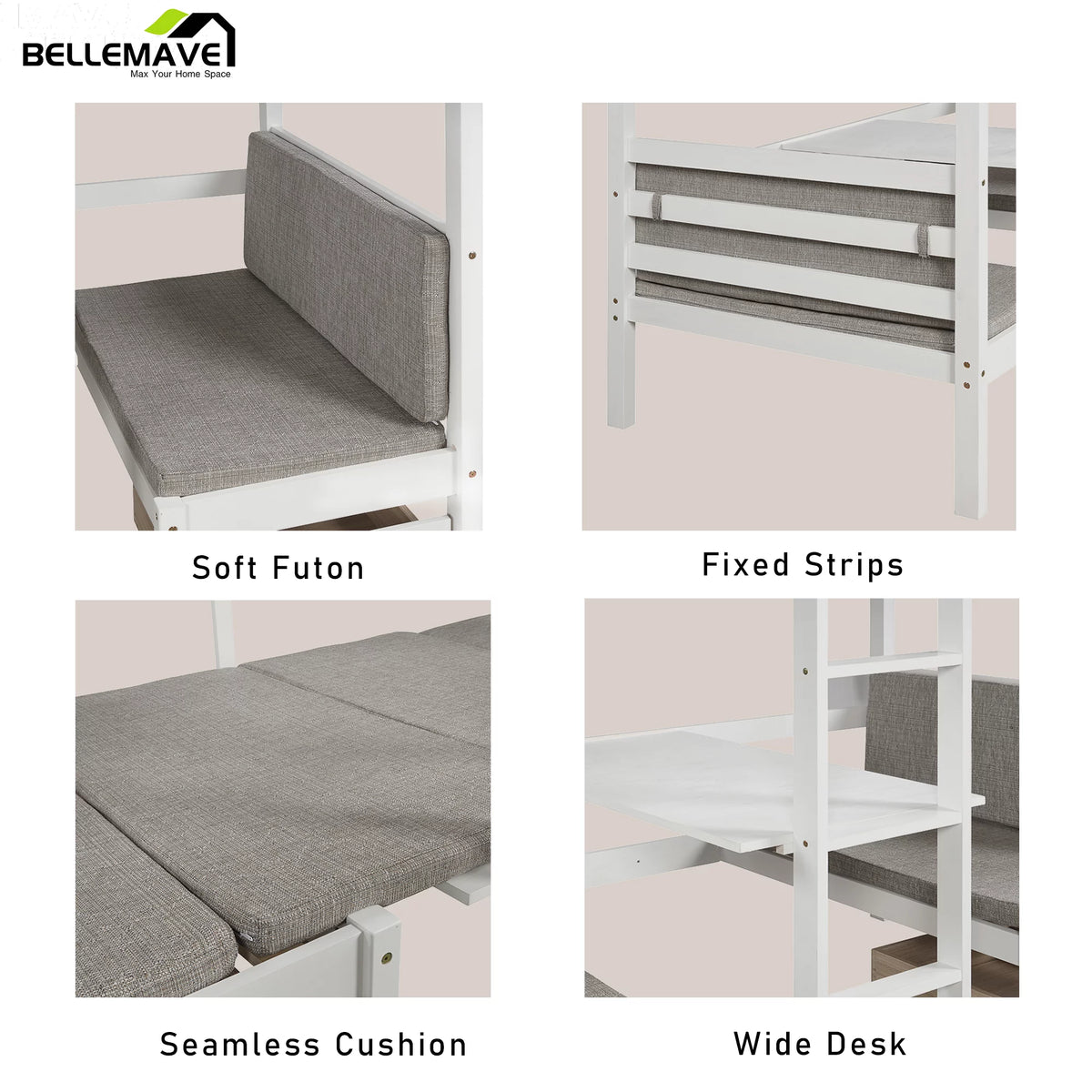 Twin Size Loft Bed with Desk, Seat and Two Storage Drawer, White K777