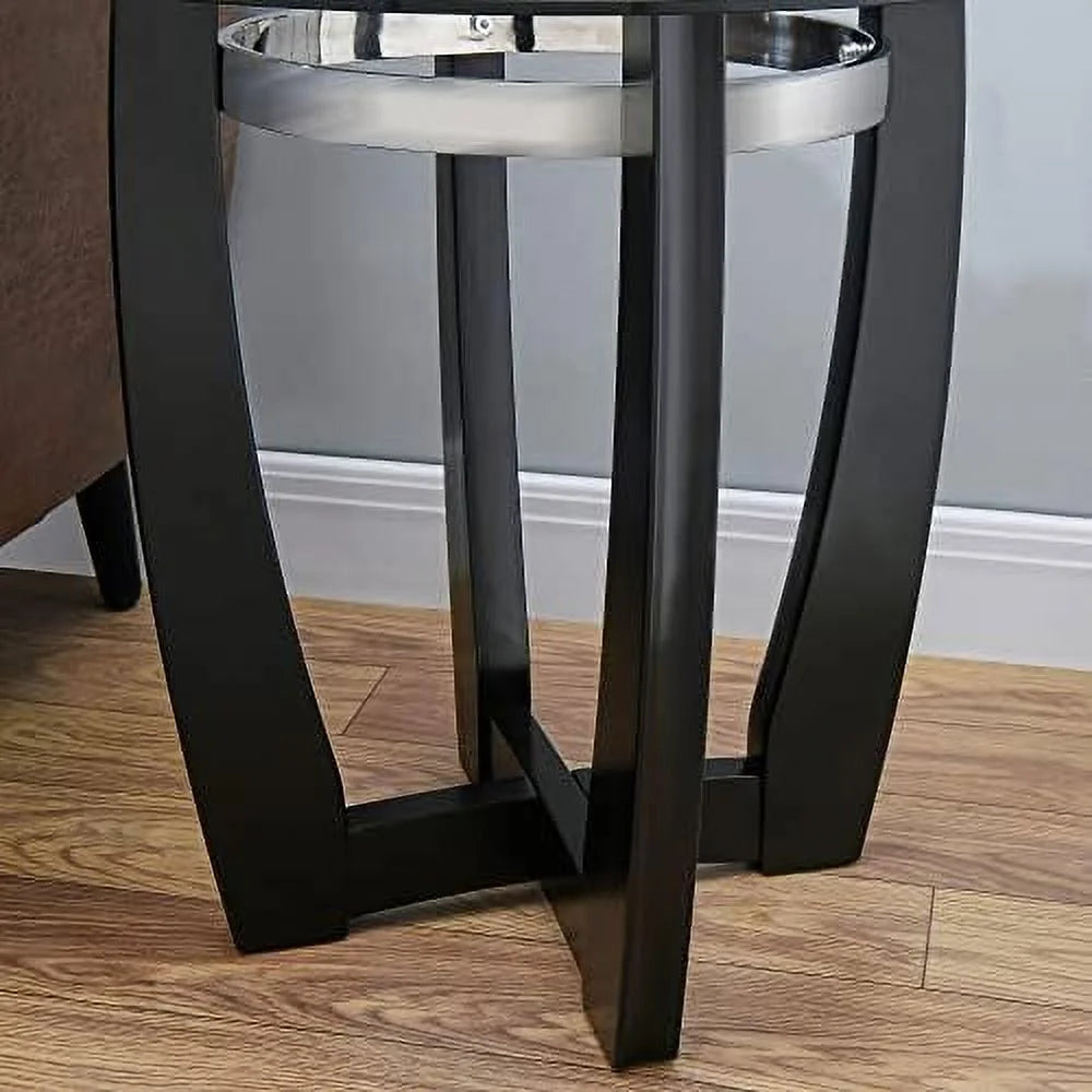 Round Glass End Table 26" Solid Wood Side Table with Tempered Glass Tabletop R92736