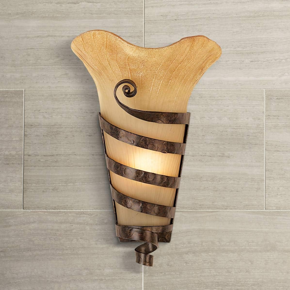 Rustic Farmhouse Wall Sconce Lighting Iron Scroll Hardwired 17 High Fixture Scavo Art Glass I10669