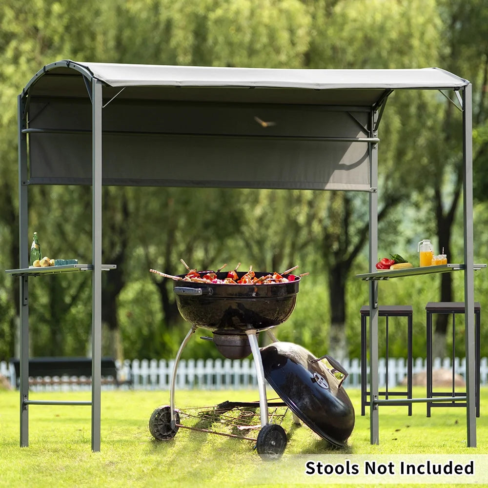 7FT Grill Gazebo BBQ Canopy with Sun Shade Panel Side Awning, 2 Exterior Serving Shelves Bar Counters, 10 Hooks S93403