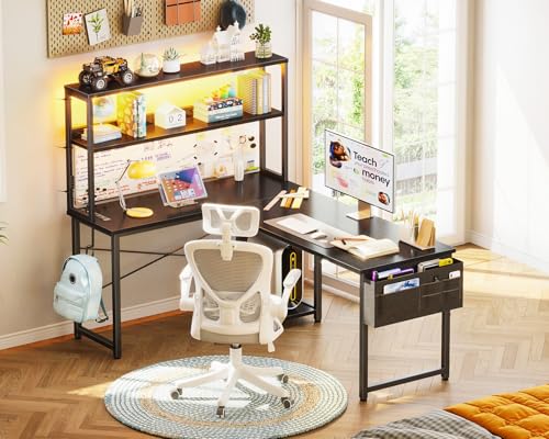 Grey Oak L Shaped Desk with LED Light & Power Outlet T8220