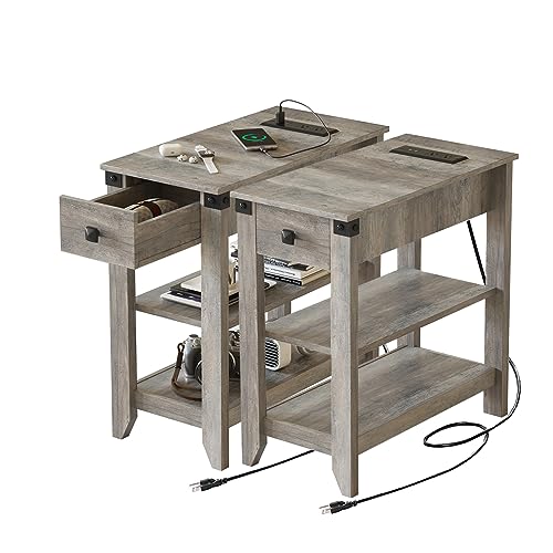 Set of 2 Narrow Side Table with Charging Station and Storage Drawer Rustic Grey Y879