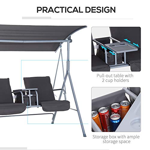 2 Person Porch Swing with Stand, Canopy, Storage Table, Cup Holders, Cushions, Dark Blue R827394
