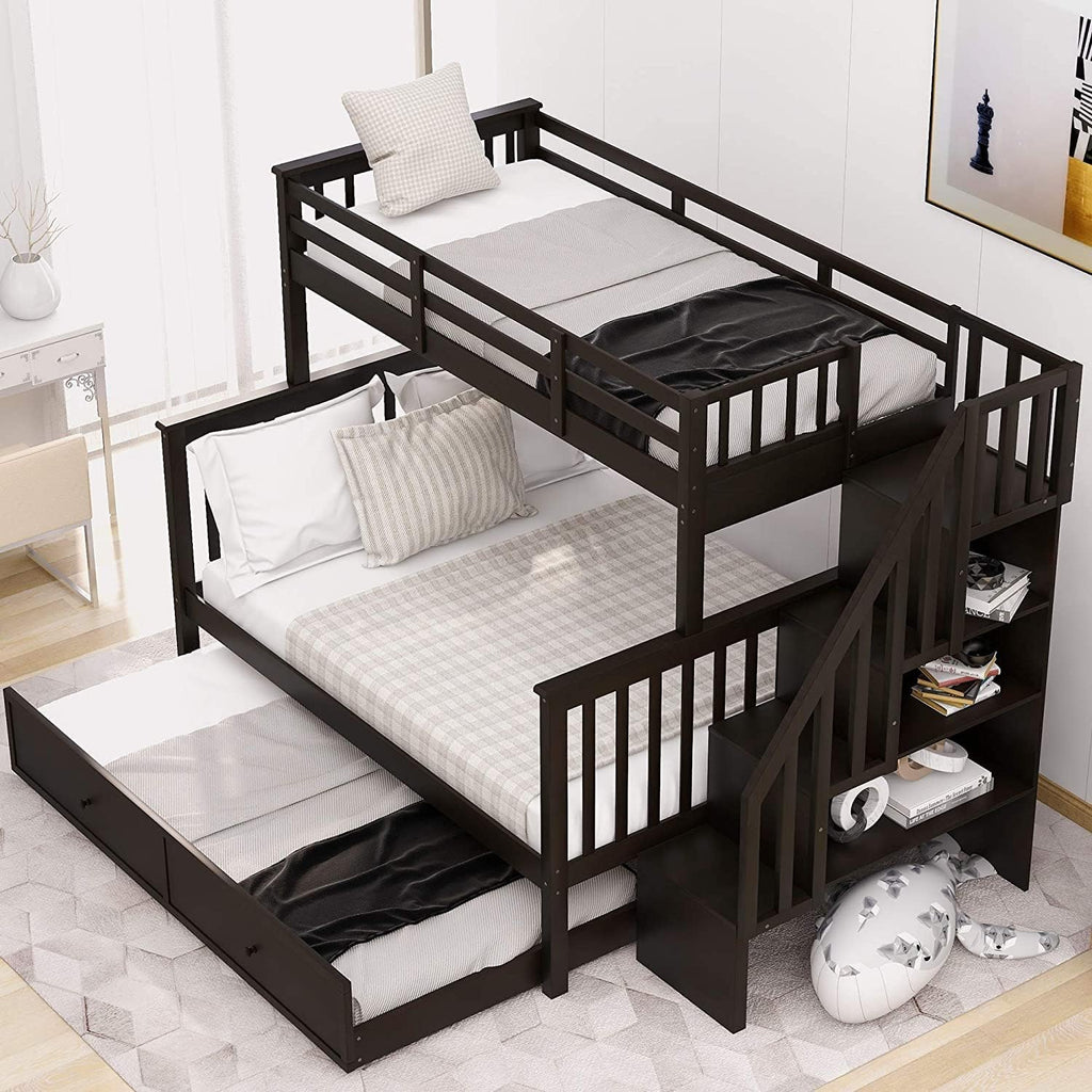 Twin-Over-Twin Solid Pine Wood Bunk Bed with Trundle and 4 Storage Drawers I723
