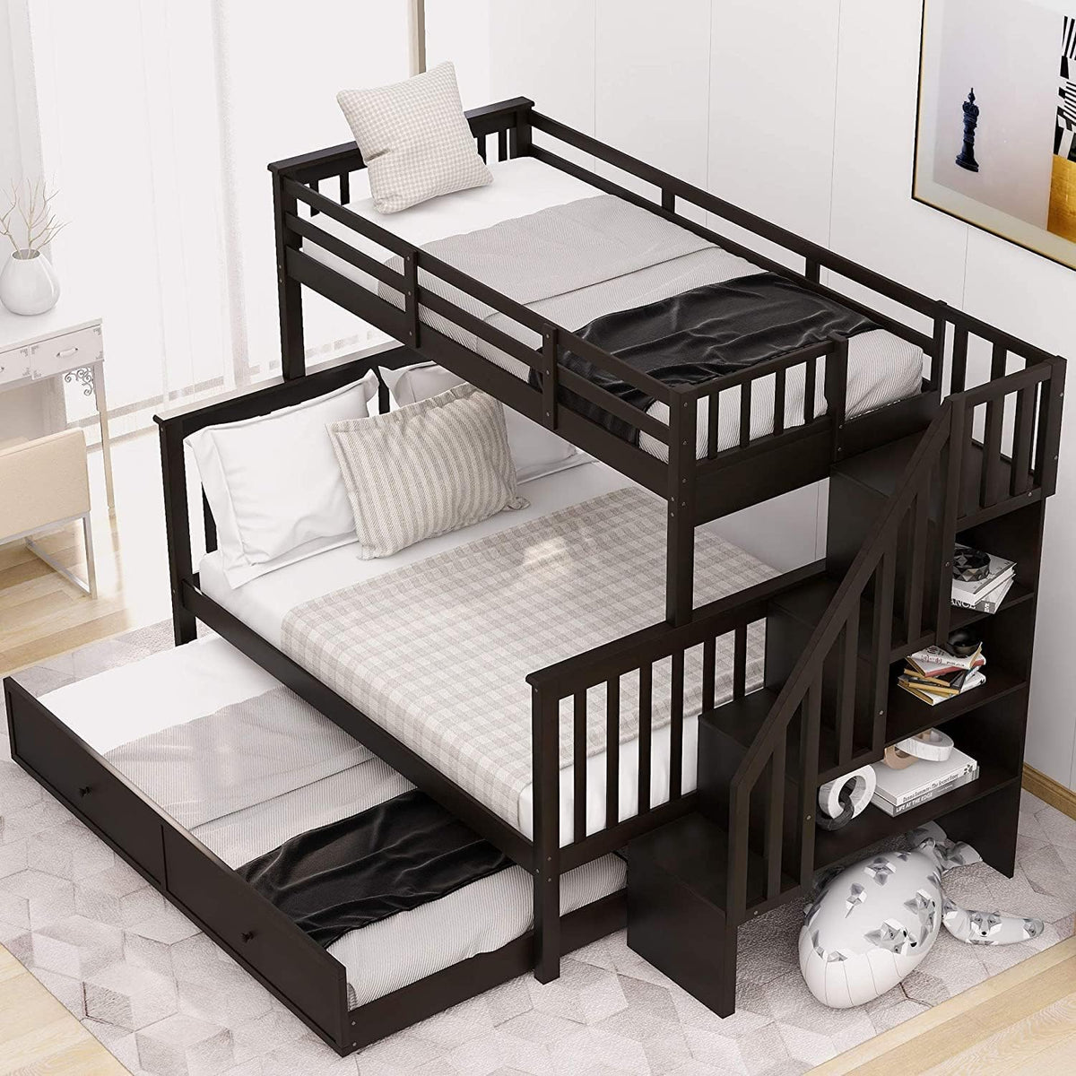 Twin-Over-Twin Solid Pine Wood Bunk Bed with Trundle and 4 Storage Drawers I723
