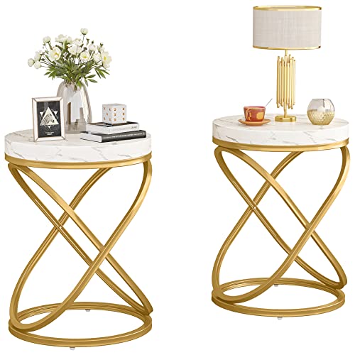 White and Gold Faux Marble Top End Tables Set of 2 C61167