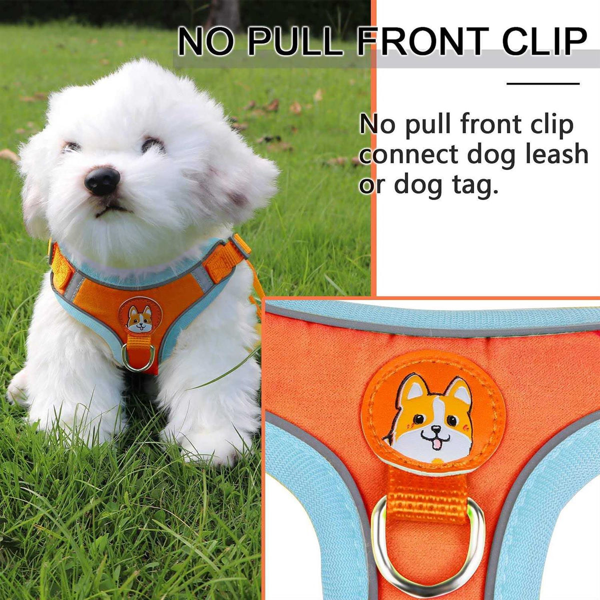 Adjustable Padded Reflective Dog Harness with 2 Leash Clips Q572