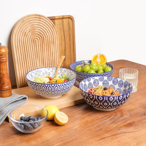 53 OZ Ceramic Salad Bowls Set of 3, Vintage Blue J1160
