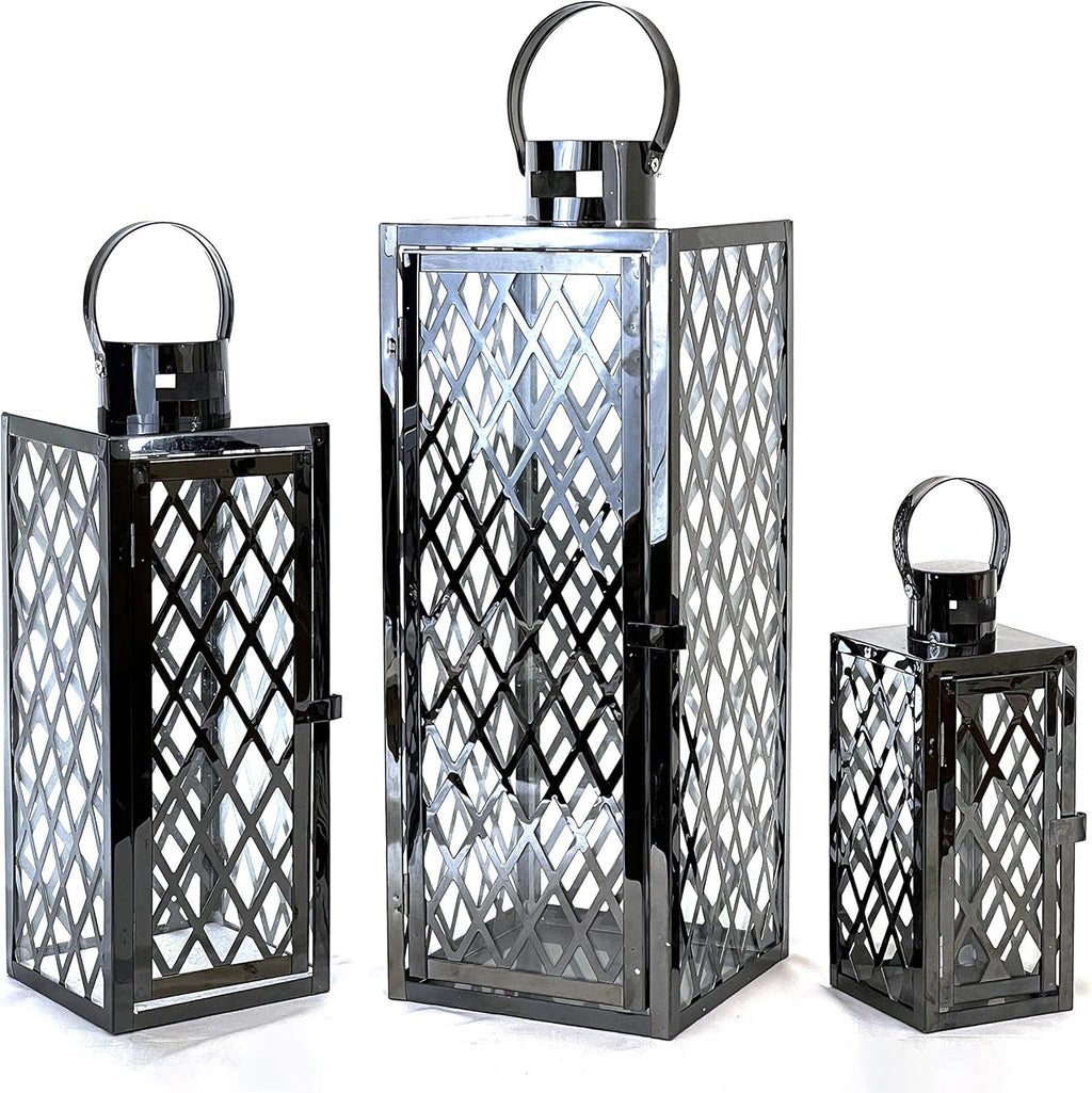 3-PC Set Jumbo Black Candle Lantern Set with Chrome Plated Structure and Tempered Glass J470960