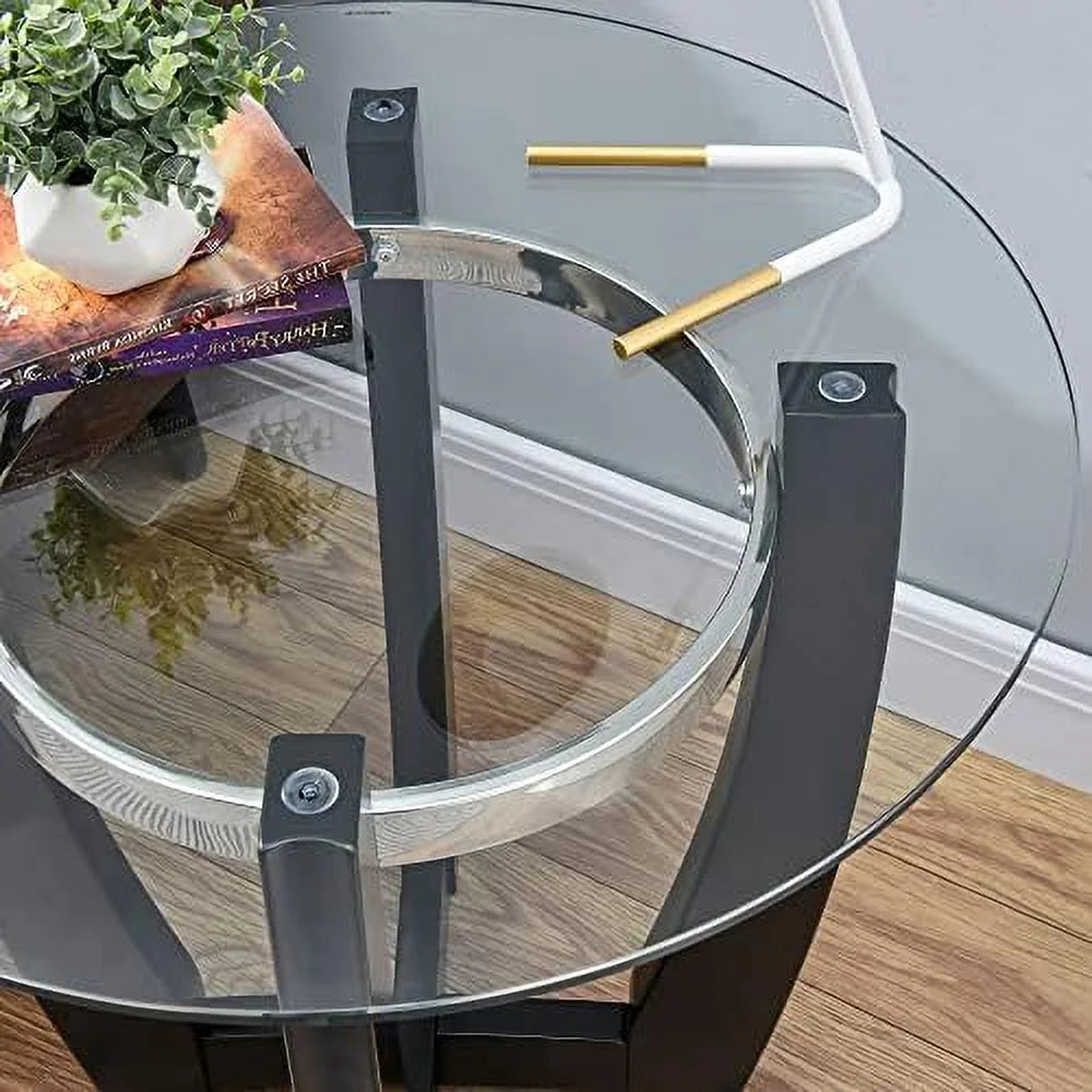 Round Glass End Table 26" Solid Wood Side Table with Tempered Glass Tabletop R92736
