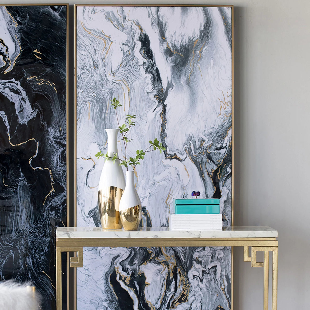 Black and White Marbled Print Wall Art with Gold Frame, Set of 2 G2644