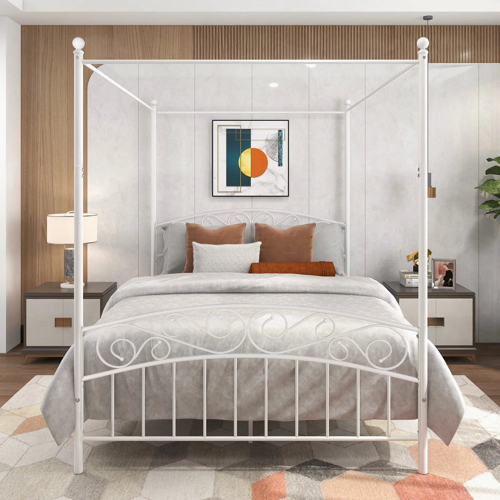 Queen White Metal Canopy Bed Frame with Headboard & Footboard C327760