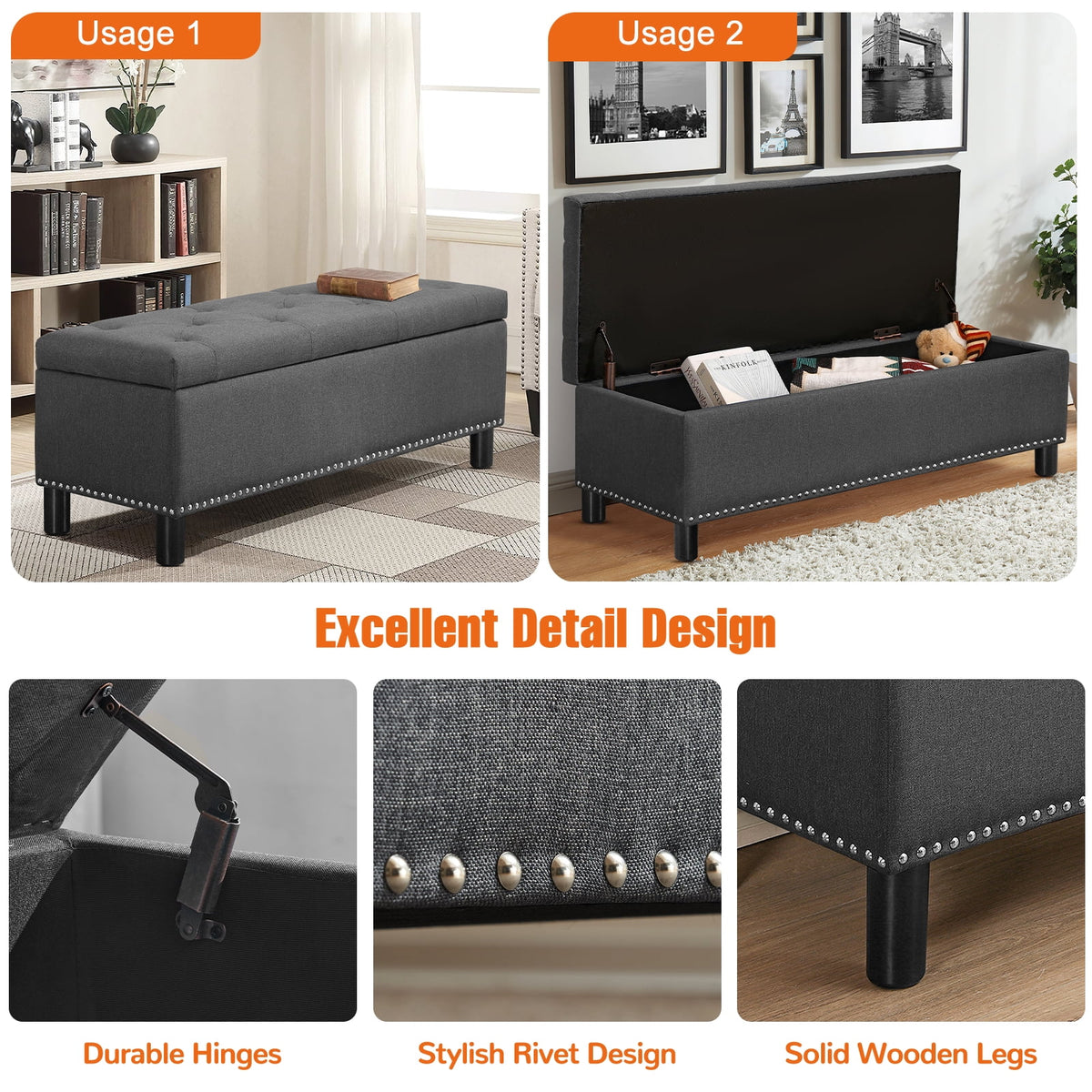 Dark Grey Upholstered Storage Ottoman Bench N37663