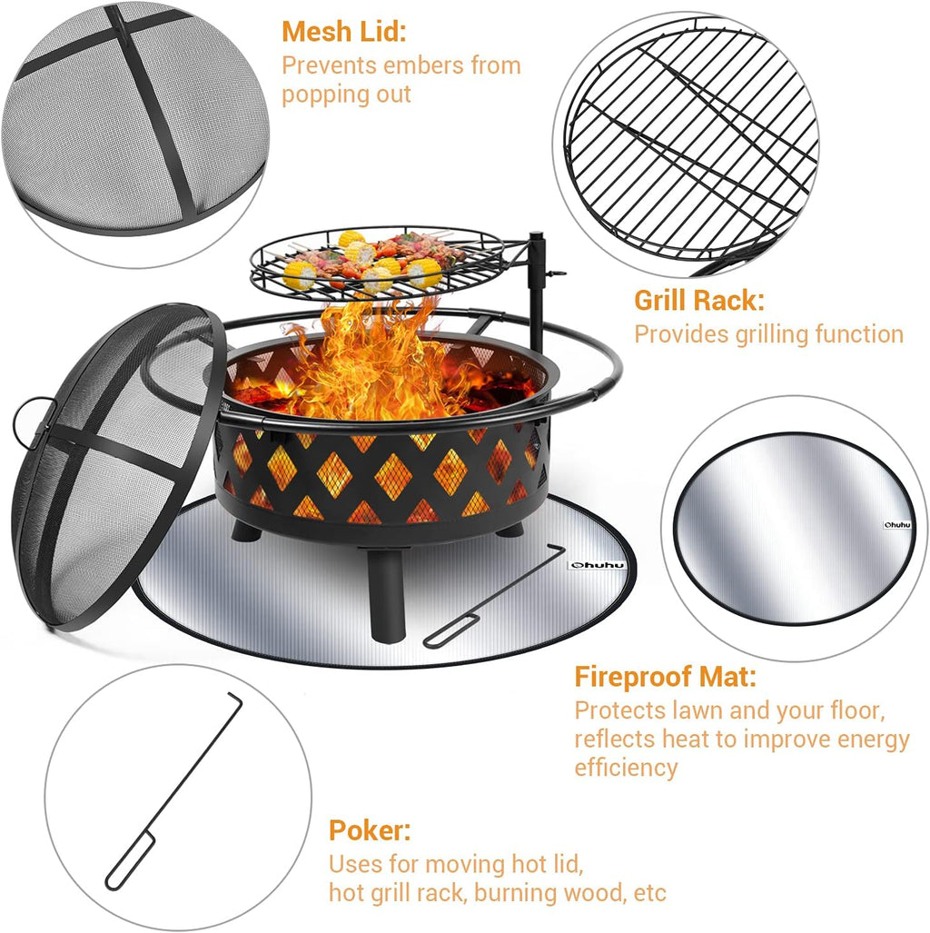 30 Inch Wood Burning Fire Pit with Cooking Grate H128192