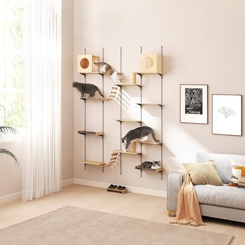 25-Piece Wall-Mounted Cat Climber Set with Cat Shelves, House, Platform, Bridge, Hammock & Scratching Board (Burlywood) C56439