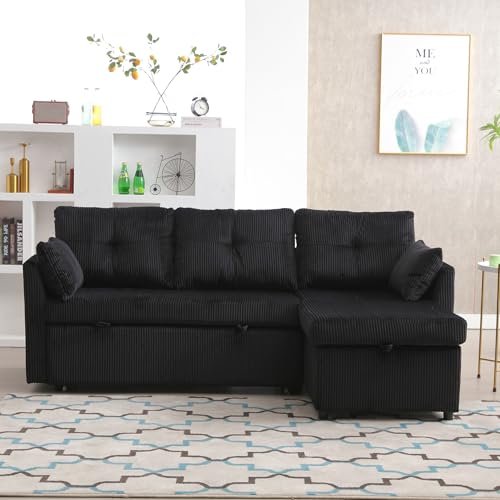 Beige Corduroy L-Shaped Sofa Bed with Storage Chaise G854939