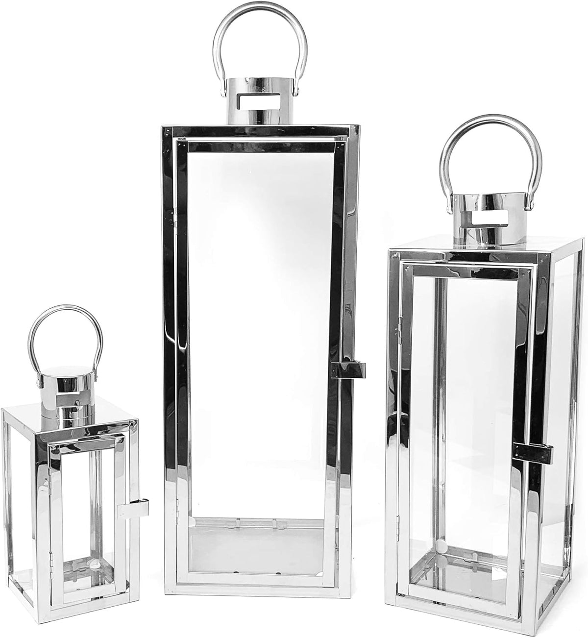 3-PC Set Jumbo Black Candle Lantern Set with Chrome Plated Structure and Tempered Glass J470960