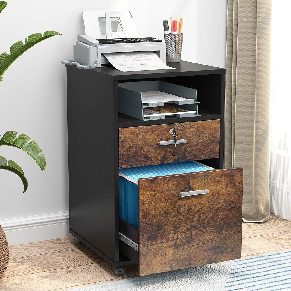2 Drawer Mobile File Cabinet with Lock, Rolling Wheels and Open Storage Shelf K306