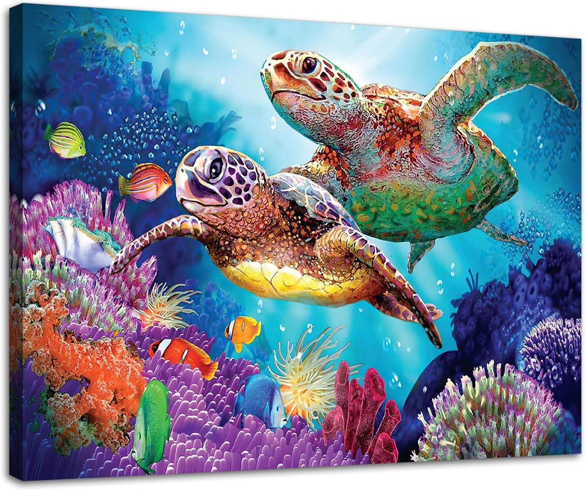 Ocean Canvas Wall Art Sea Turtle with Coral Wood Framed 12x16in S7778