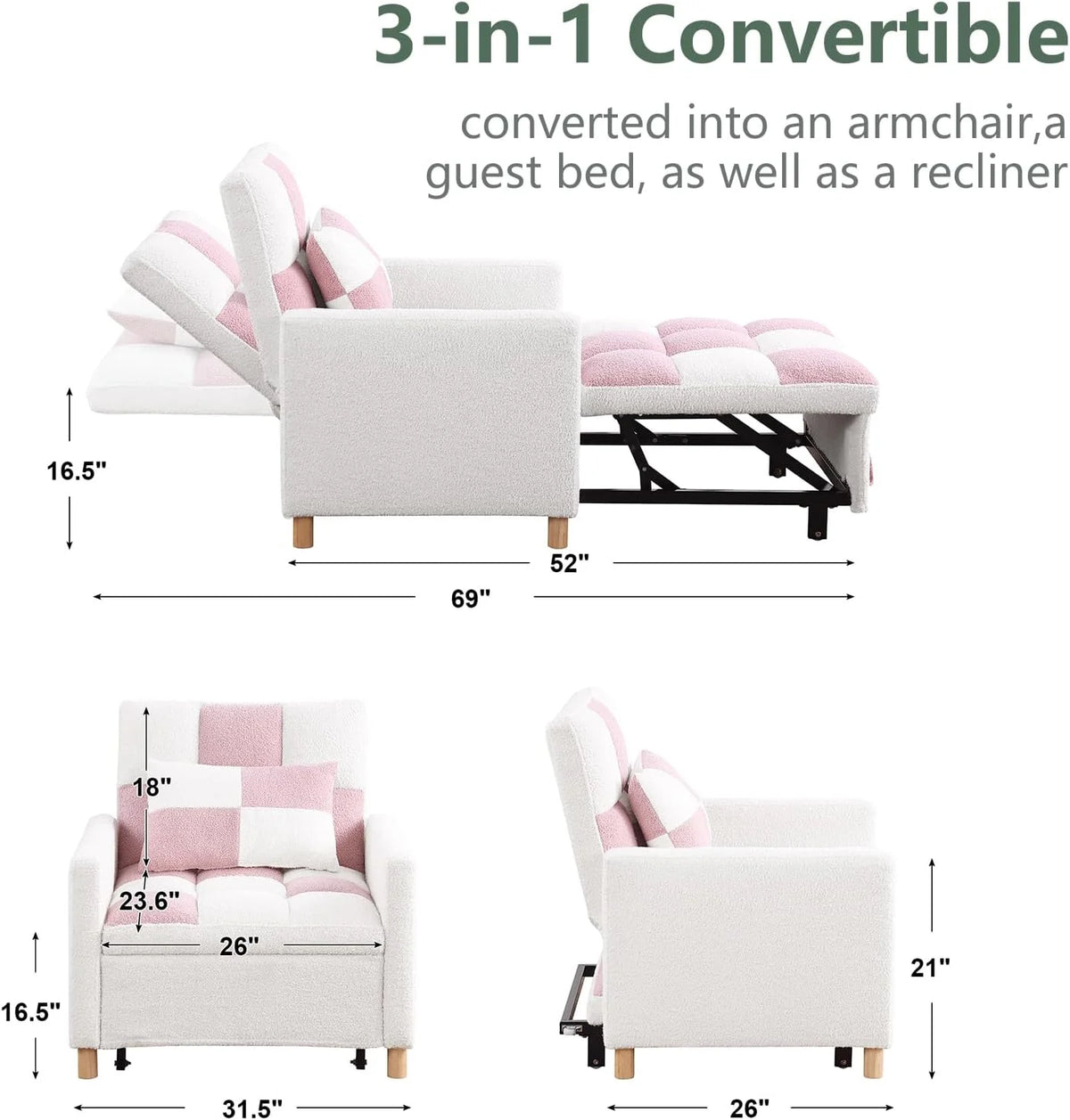 3-in-1 Convertible Sleeper Chair Bed with Pillow Velvet Fabric K824664