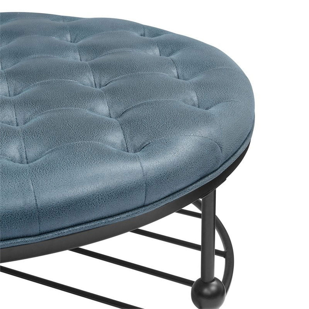 36" Round Faux Leather Tufted Cocktail Ottoman in Blue J6735