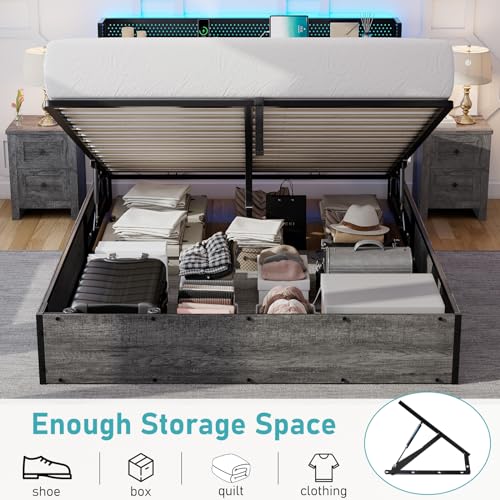 Black Linen Upholstered Full Size Lift Up Storage Bed Frame with LED Lights and Charging Station C675