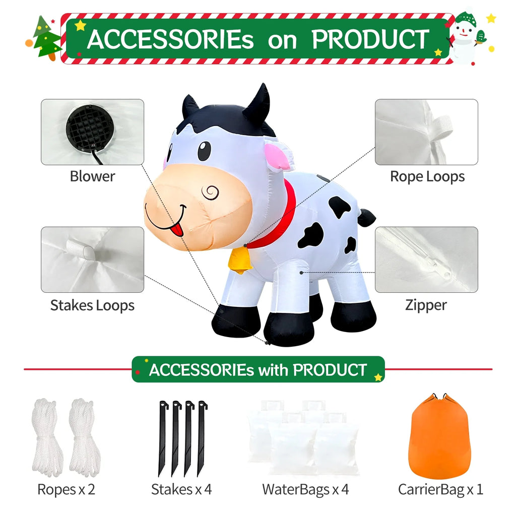 6FT Christmas Cow Inflatables Outdoor Yard Decorations with Built-in LED Lights X853