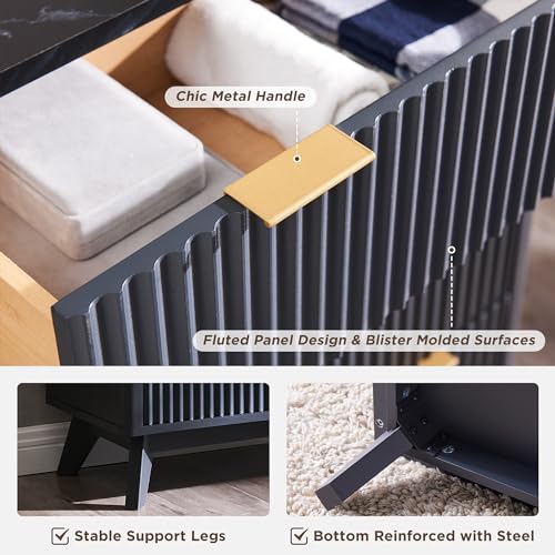Fluted 5 Drawers Dresser with Faux Marble Top, Dark Grey G57862