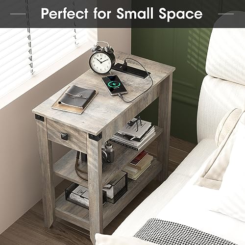 Set of 2 Narrow Side Table with Charging Station and Storage Drawer Rustic Grey Y879
