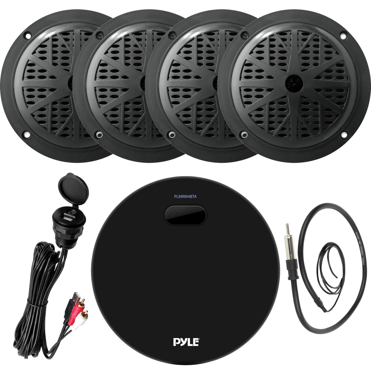 Water Resistant Bluetooth Marine Amplifier Receiver with 2 Pairs of 5.25'' 100 Watts 2-Way Black Waterproof Marine Stereo Speakers M939