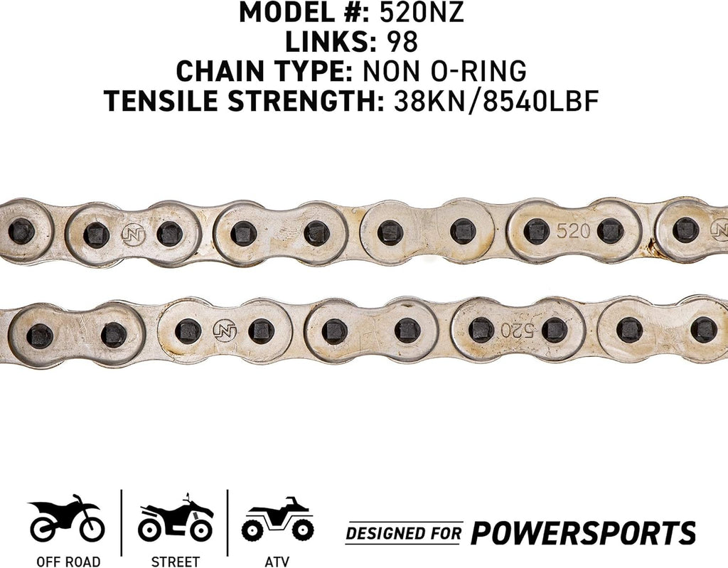 Drive Sprocket Chain Combo Front 14 Rear 38 Tooth 520NZ Standard 98 Links Pack of 2 Z326
