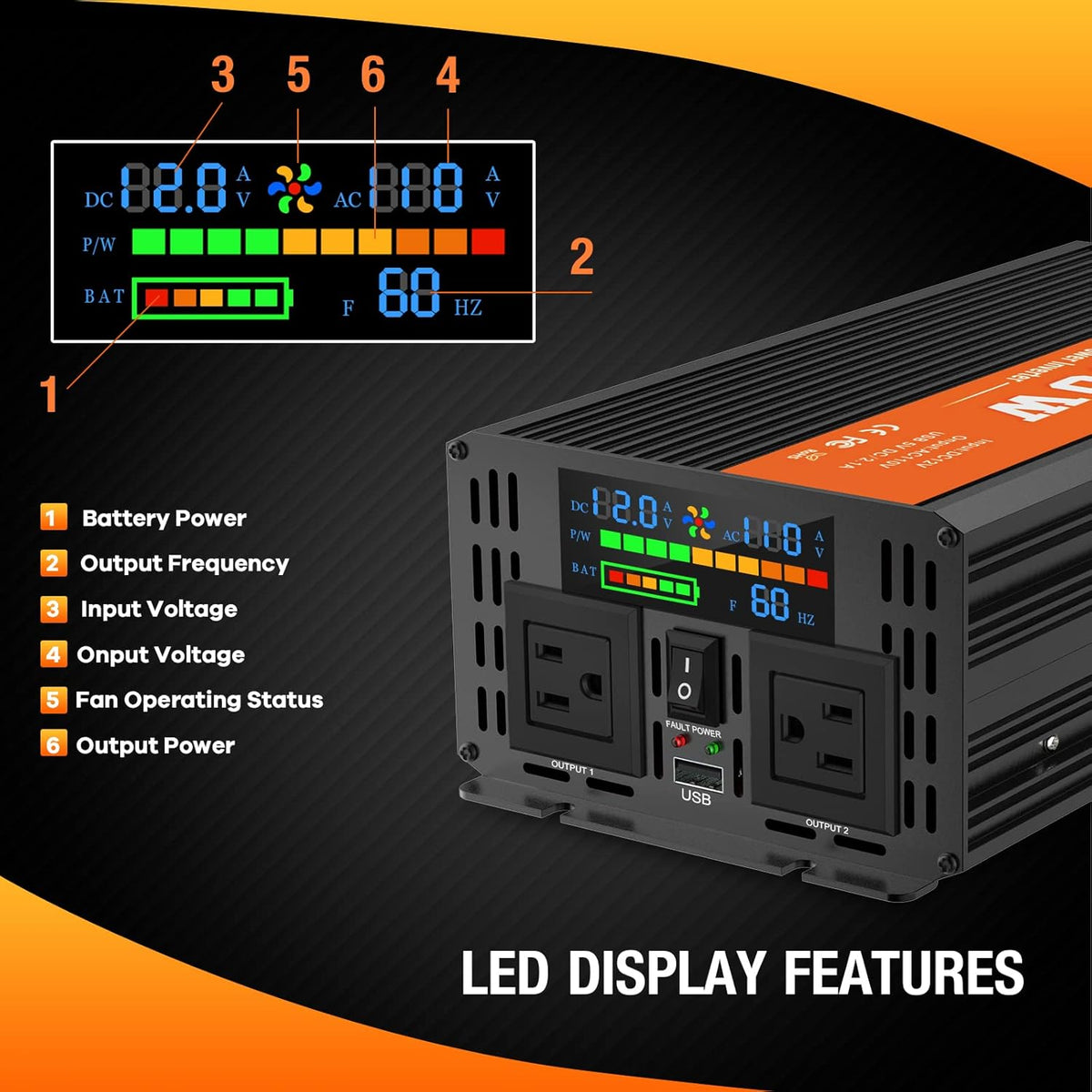 2000 Watts 12V to 110V Modified Sine Wave Power Inverter with Dual AC Outlets and USB Port W669961