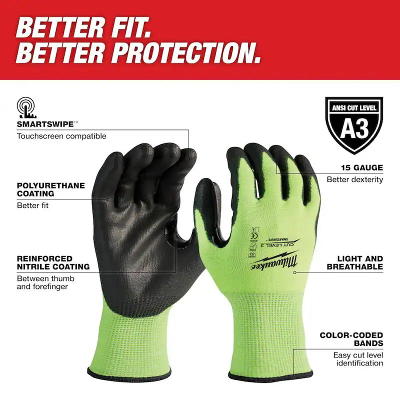 XX-Large High Visibility Cut Resistant Polyurethane Dipped Work Gloves W2281
