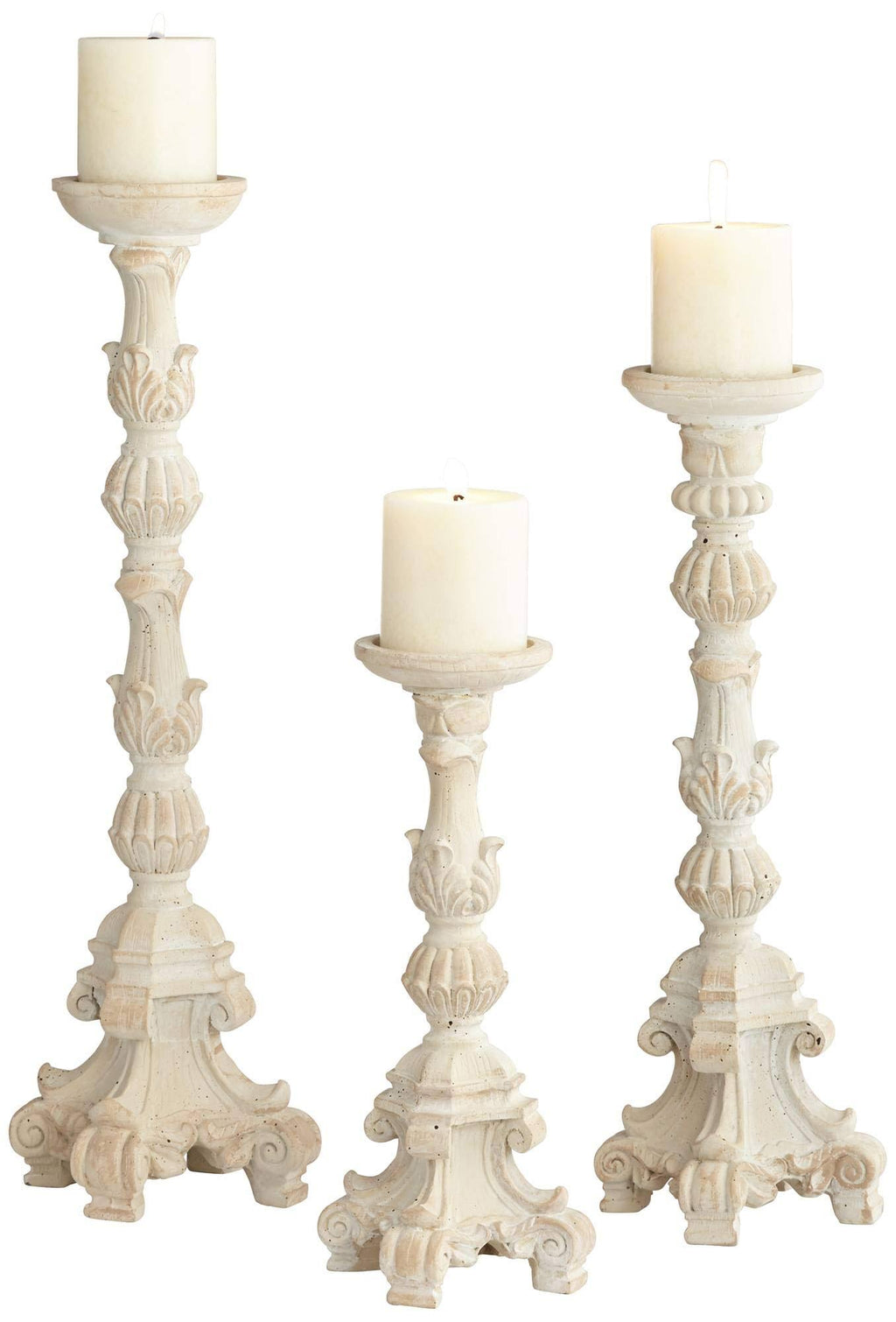 Whitewashed Carved Pillar Candle Holders Set of 3 K415