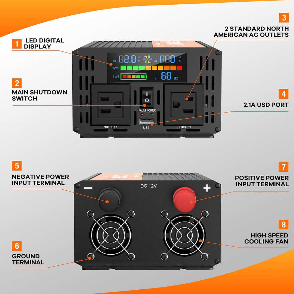 2000 Watts 12V to 110V Modified Sine Wave Power Inverter with Dual AC Outlets and USB Port W669961