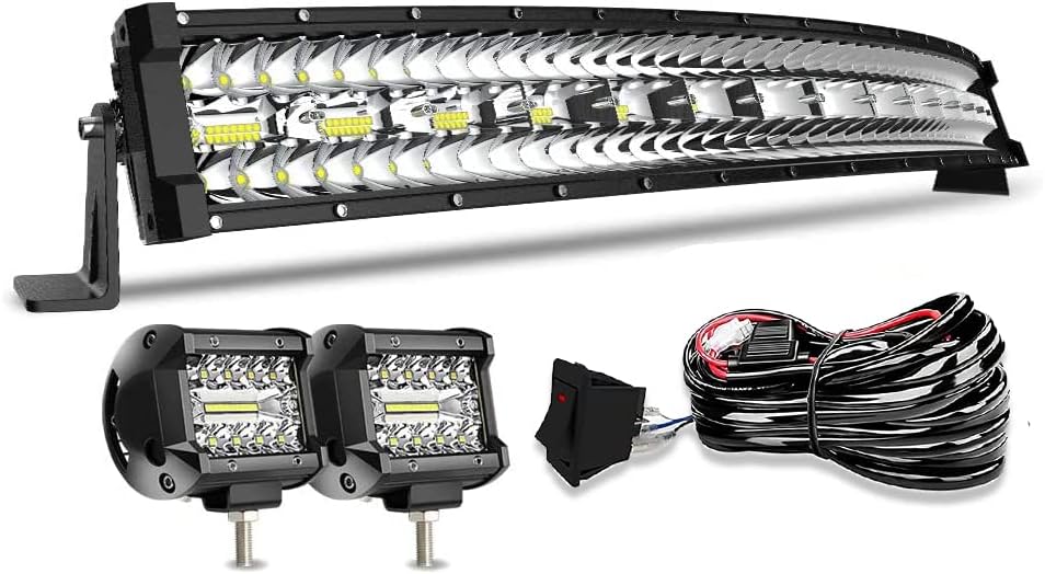 32Inch Curved LED Light Bar Kit with 2X 4Inch 60W LED Cube Light Pods Wiring Harness Spot Flood Combo Work Lights H295121