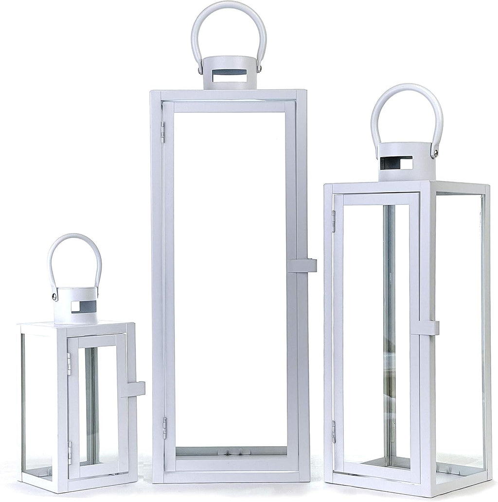 3-PC Set Jumbo Black Candle Lantern Set with Chrome Plated Structure and Tempered Glass J470960