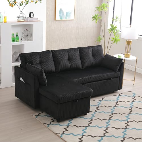 Beige Corduroy L-Shaped Sofa Bed with Storage Chaise G854939
